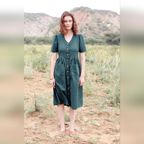 Pana Mina Cotton Flax Dress in Emerald Green xxs - Picture 2 of 3